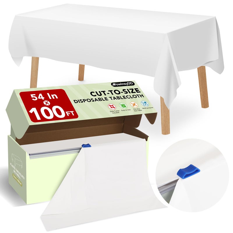 RowinsyDD 54 IN X 100 FT White Plastic Table Cover Roll with Slide Cutter  Cuts Up to 12 Rectangle 8 Feet Disposable Plastic Table Cloths  Disposable Table Cover Roll for Dinning  Parties  BBQ  Wedding  Outdoor - Image 1